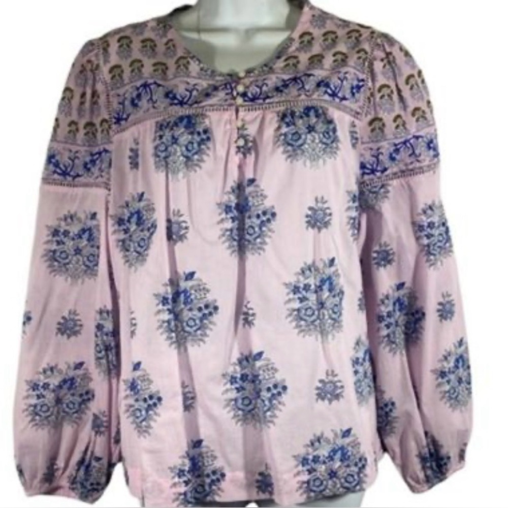 Point Sur Size Large Blouse Popover Pink Purple Floral Print Half Button Sz:XXS